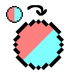 a pale half red half cyan pixel circle with a black arrow pointing to the same circle in the middle of the symbol but three times bigger and rotated 45 degrees using the average pixel interpolation method